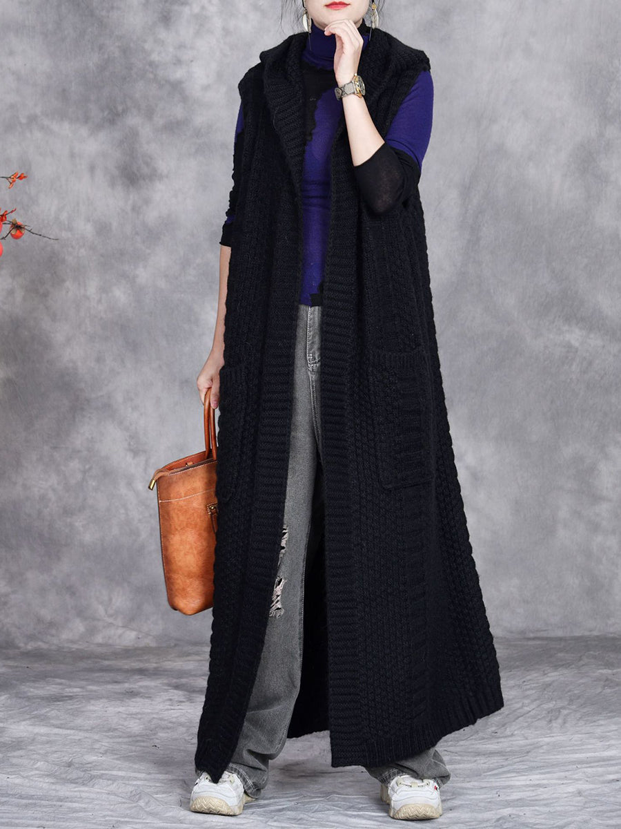 Women Autumn Artsy Solid Knit Cardigan Hooded Vest Coat