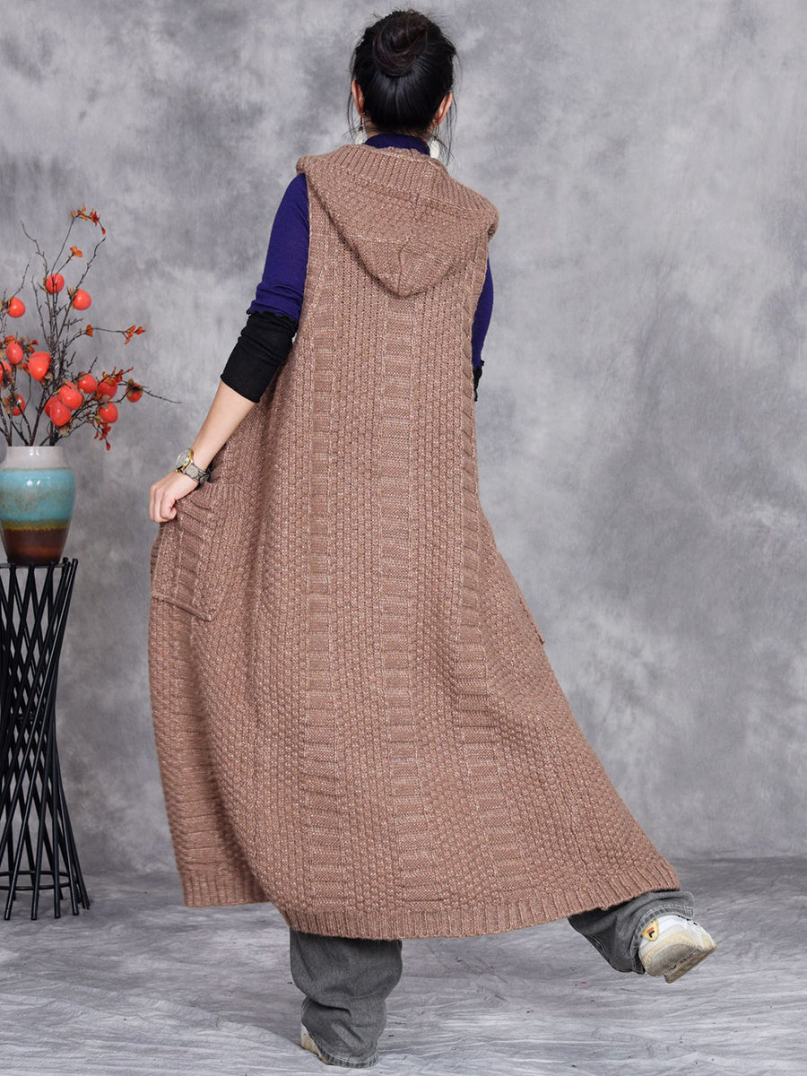 Women Autumn Artsy Solid Knit Cardigan Hooded Vest Coat