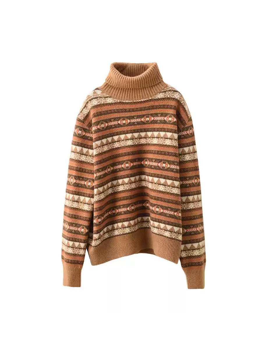 Women Autumn Casual Knit Turtleneck Stripe Sweater Coat