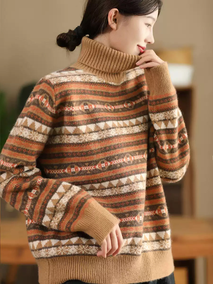 Women Autumn Casual Knit Turtleneck Stripe Sweater Coat