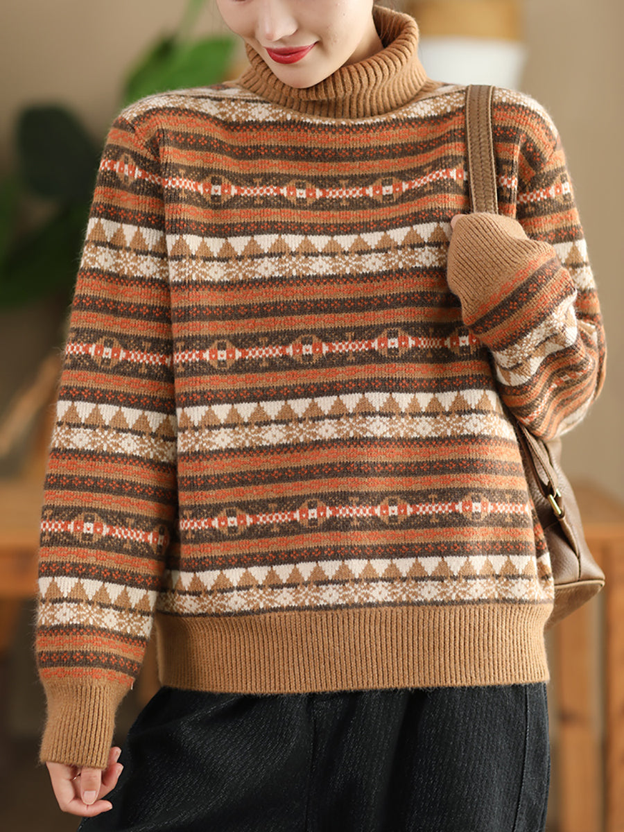 Women Autumn Casual Knit Turtleneck Stripe Sweater Coat