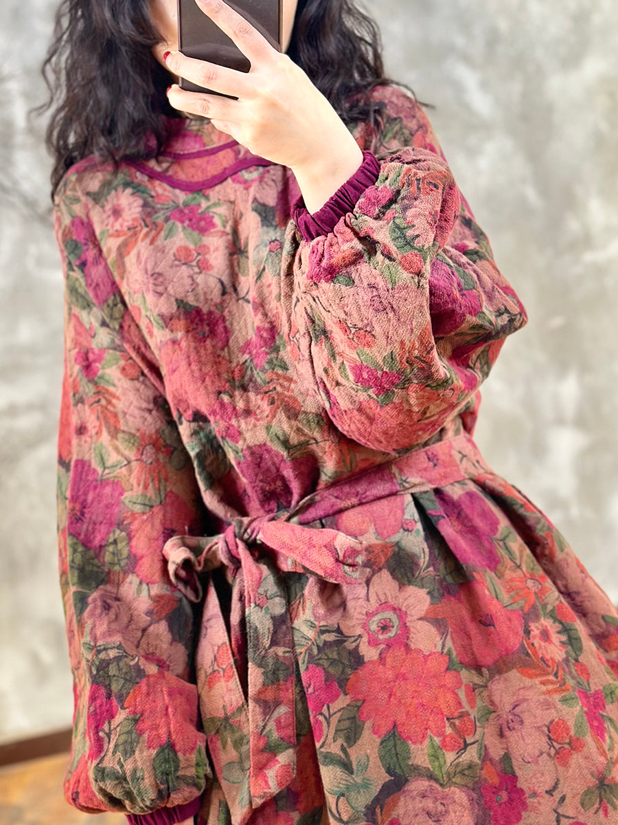 Women Autumn Vintage Stand Collar Flower Strap Dress