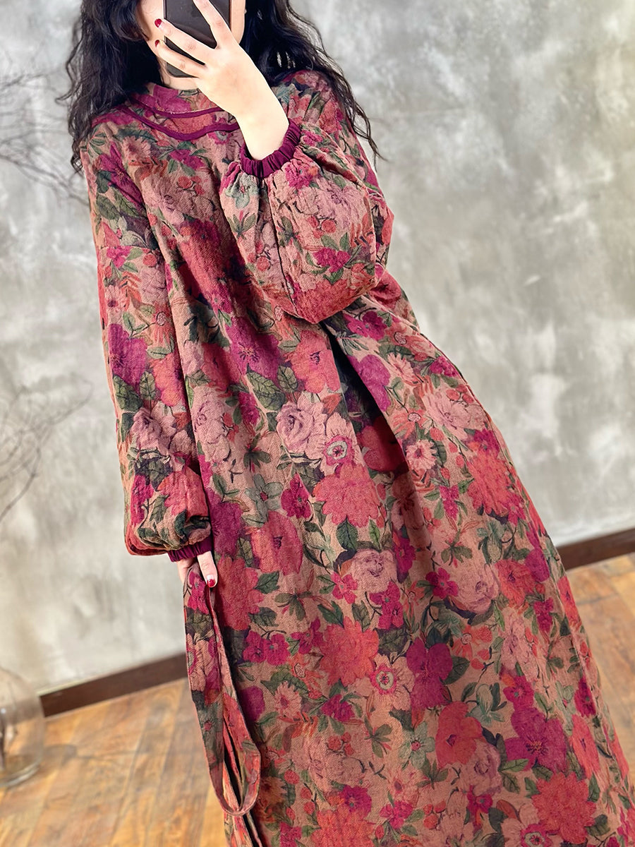 Women Autumn Vintage Stand Collar Flower Strap Dress