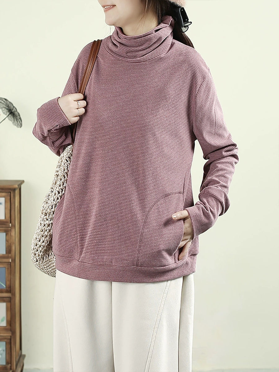 Women Winter Casual Stripe Cotton Turtleneck Sweatshirt