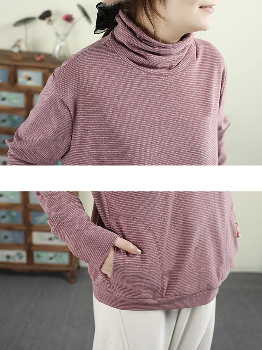 Women Winter Casual Stripe Cotton Turtleneck Sweatshirt