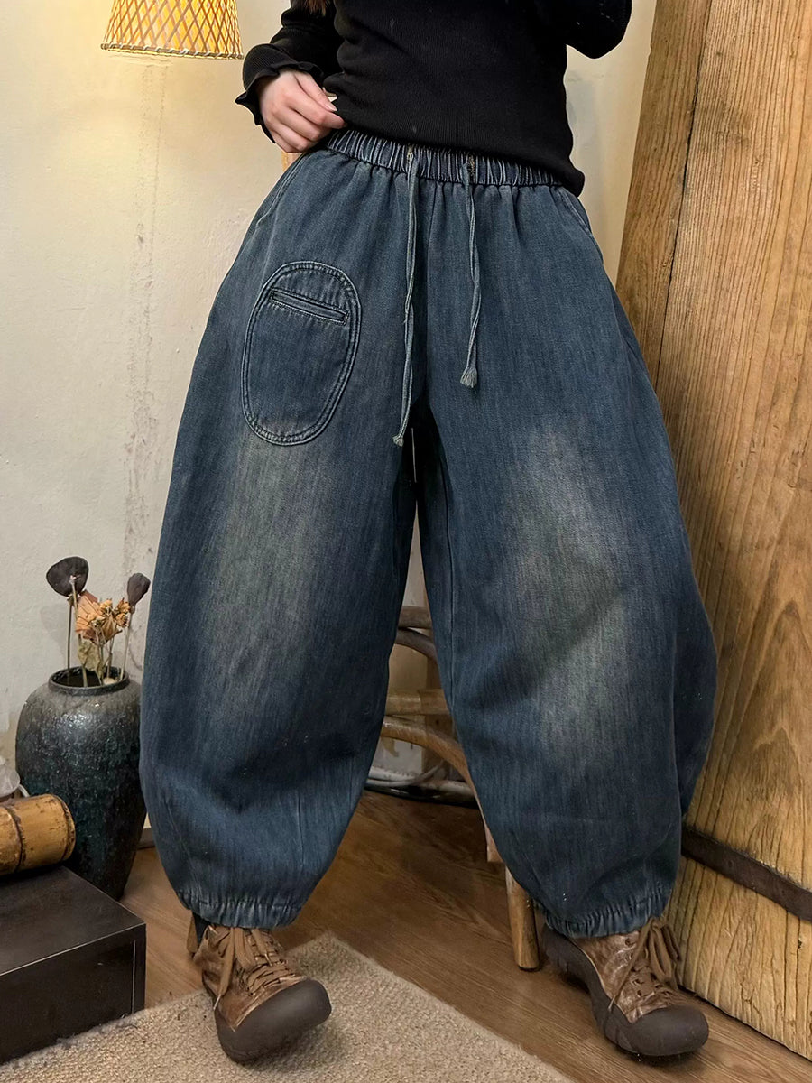 Women Winter Casual Solid Fleece-lined Denim Harem Pants