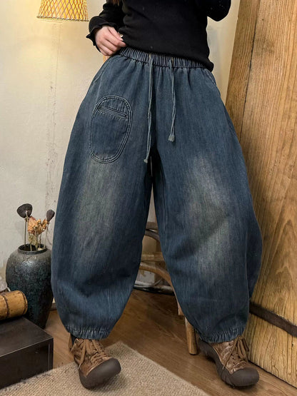 Women Winter Casual Solid Fleece-lined Denim Harem Pants