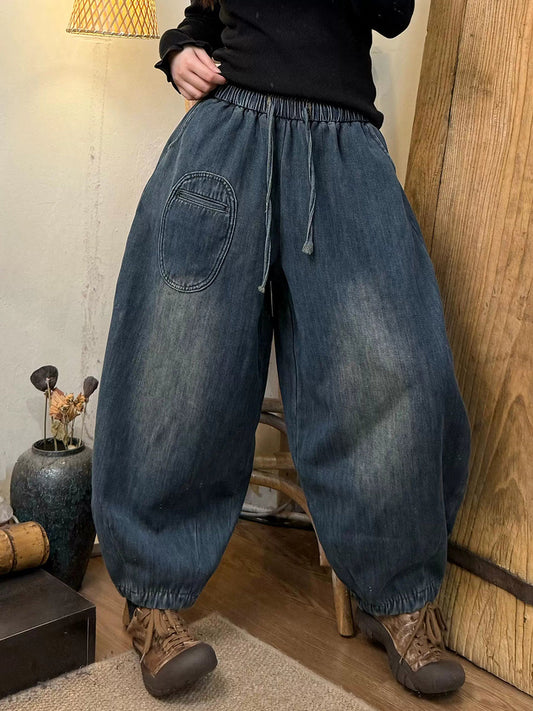 Women Winter Casual Solid Fleece-lined Denim Harem Pants