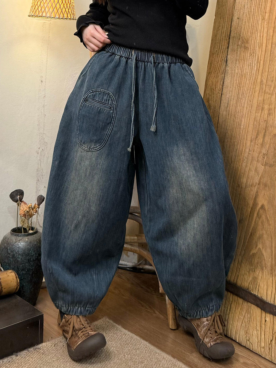 Women Winter Casual Solid Fleece-lined Denim Harem Pants