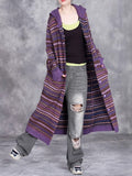 Women Autumn Artsy Knit Stripe Hooded Sweater Coat