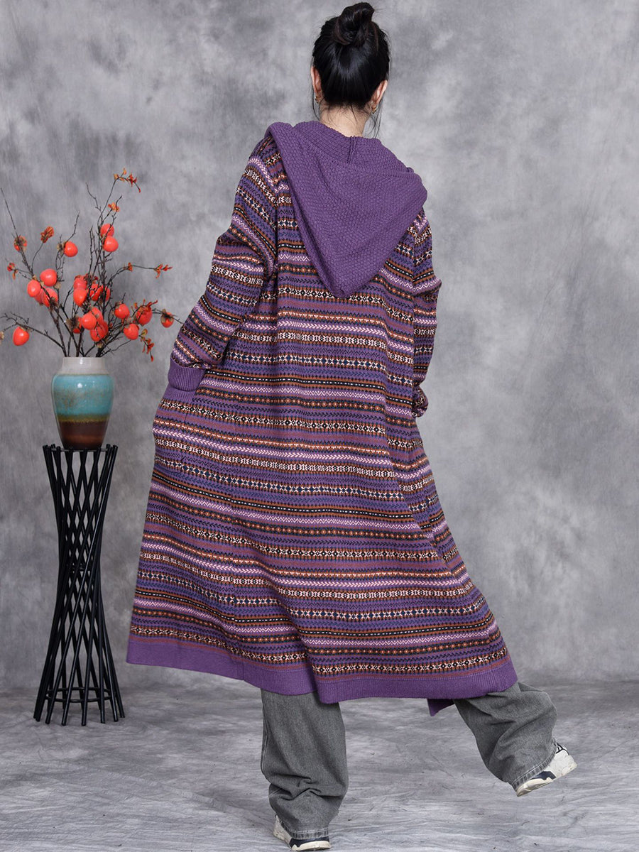 Women Autumn Artsy Knit Stripe Hooded Sweater Coat