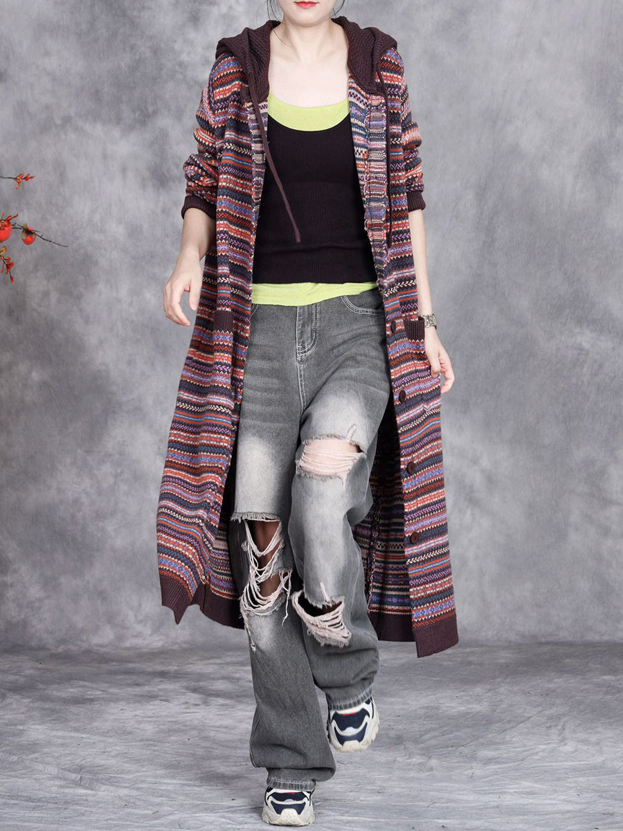 Women Autumn Artsy Knit Stripe Hooded Sweater Coat