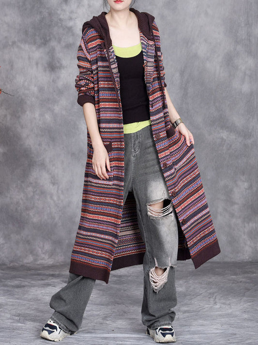 Women Autumn Artsy Knit Stripe Hooded Sweater Coat