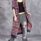 Women Autumn Artsy Knit Stripe Hooded Sweater Coat