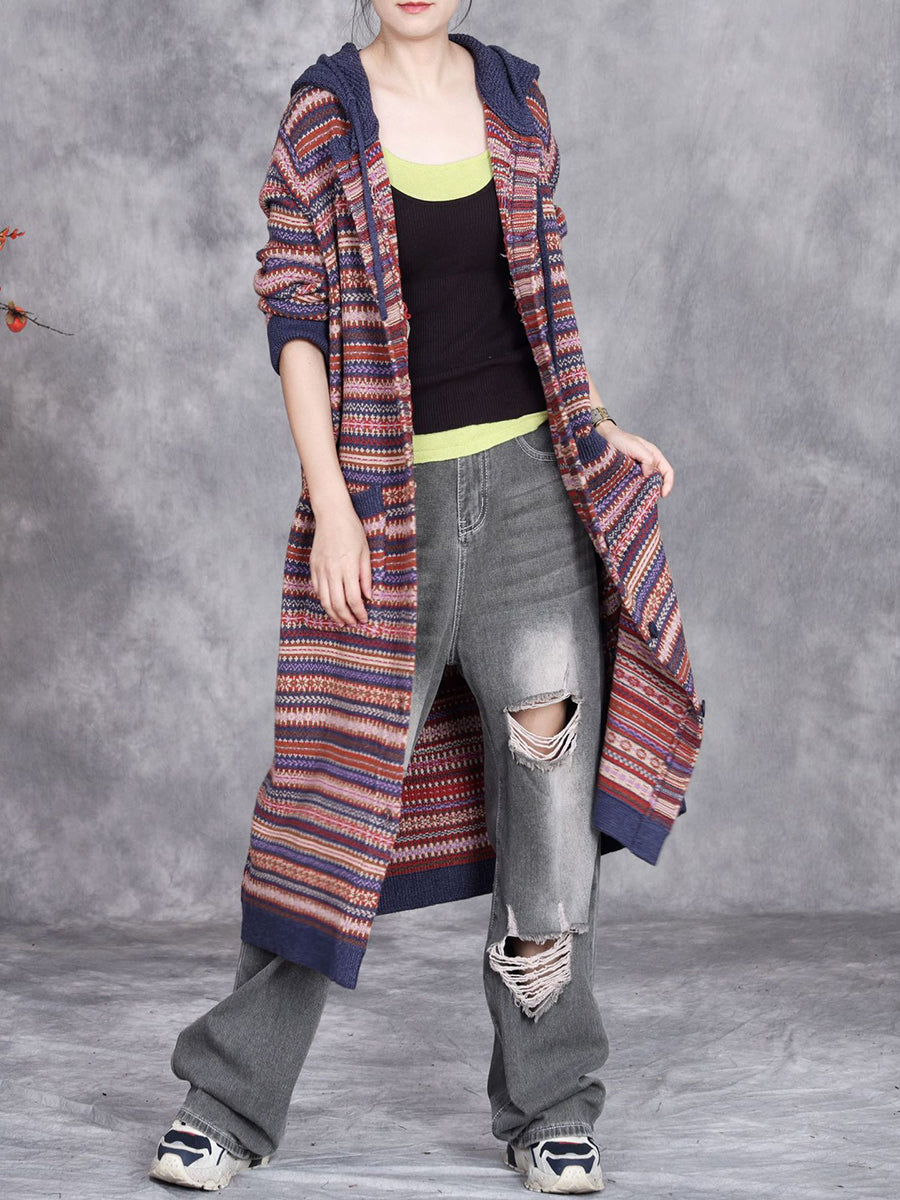 Women Autumn Artsy Knit Stripe Hooded Sweater Coat