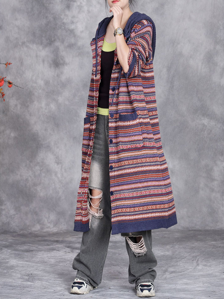 Women Autumn Artsy Knit Stripe Hooded Sweater Coat