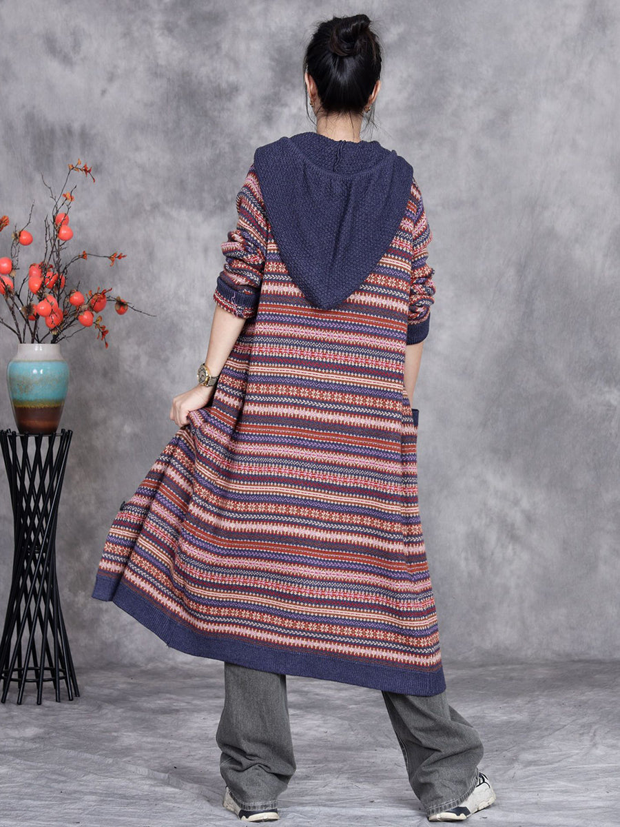 Women Autumn Artsy Knit Stripe Hooded Sweater Coat