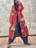 Women Autumn Ethnic Flower Buttoned Padded Coat