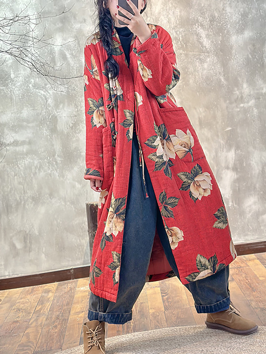 Women Autumn Ethnic Flower Buttoned Padded Coat