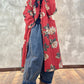 Women Autumn Ethnic Flower Buttoned Padded Coat