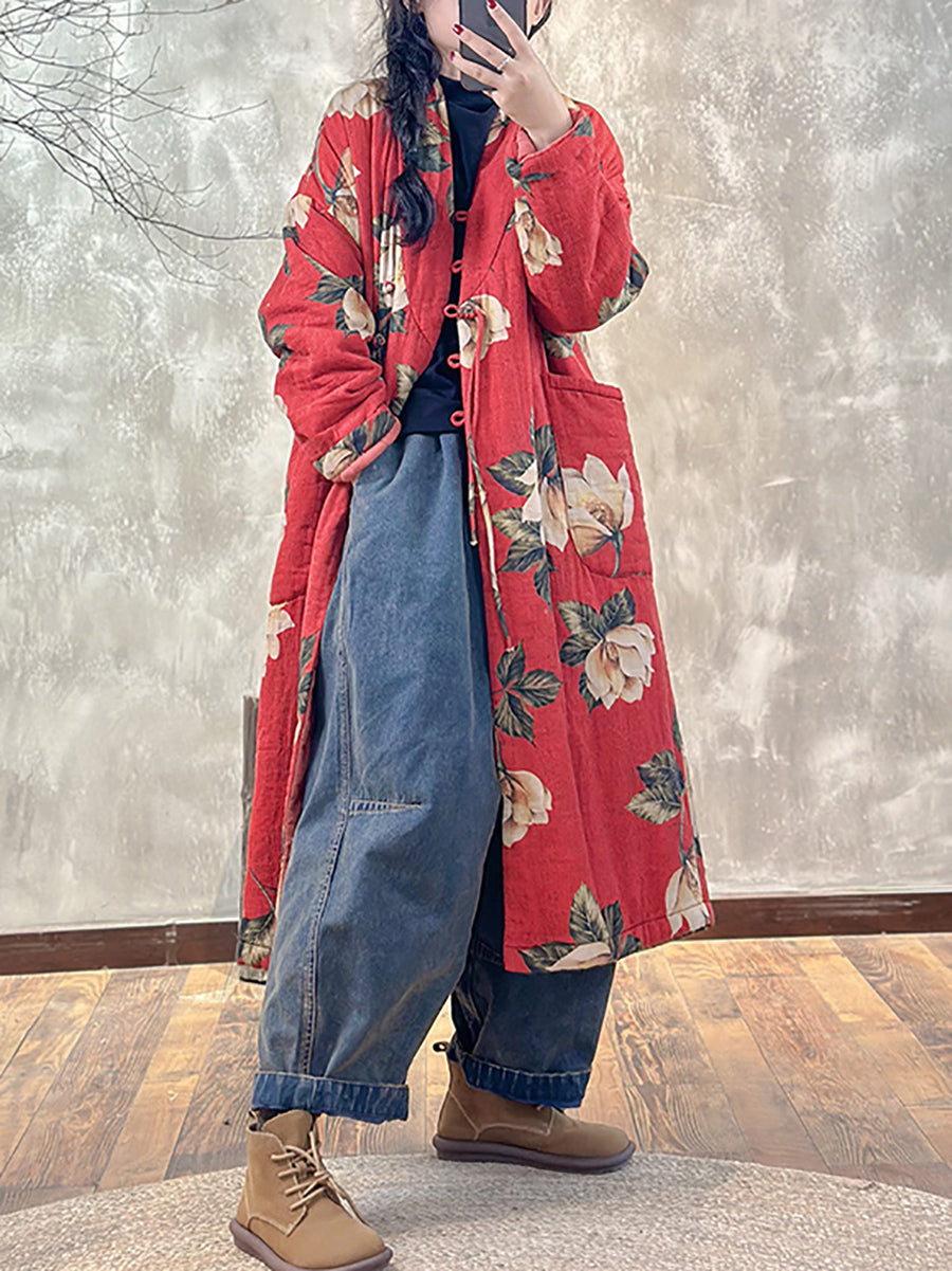 Women Autumn Ethnic Flower Buttoned Padded Coat