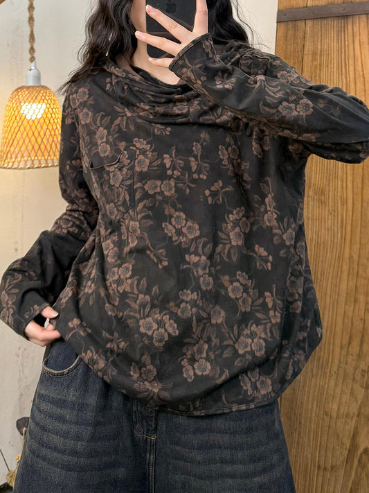 Women Vintage Autumn Flower Cotton Hooded Shirt