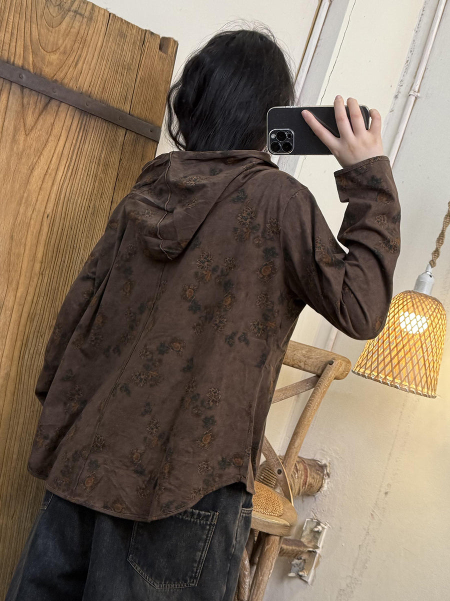 Women Vintage Autumn Flower Cotton Hooded Shirt