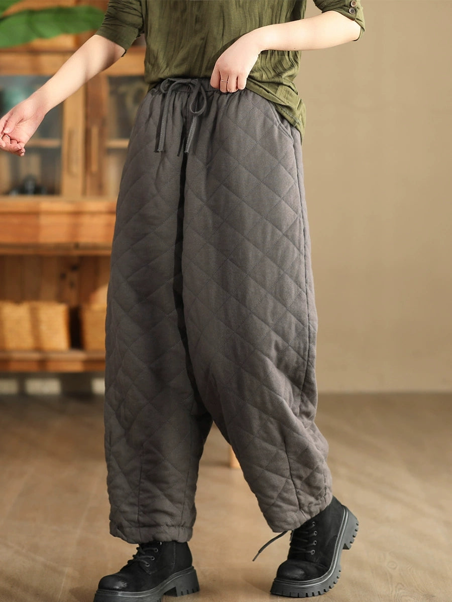 Women Winter Retro Rhomboid Padded Linen Harem Pants