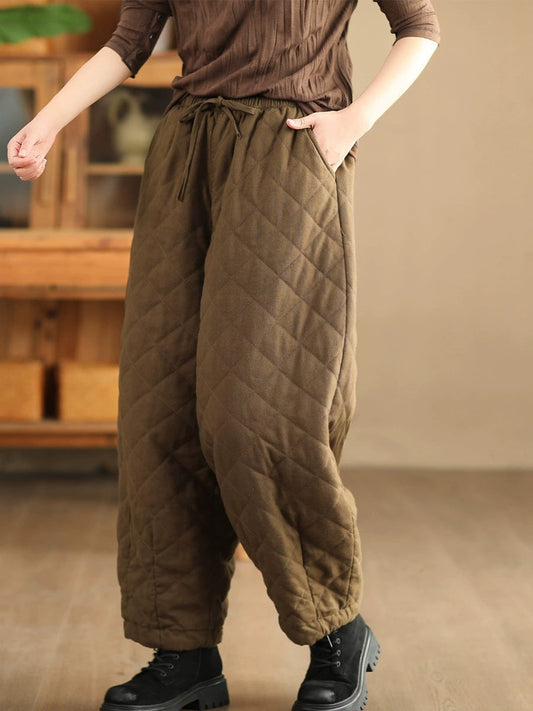 Women Winter Retro Rhomboid Padded Linen Harem Pants