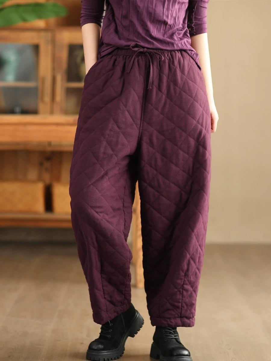 Women Winter Retro Rhomboid Padded Linen Harem Pants