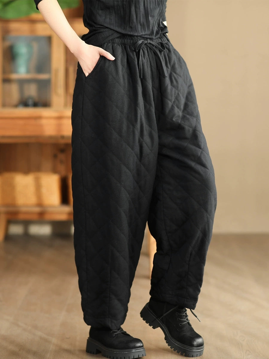 Women Winter Retro Rhomboid Padded Linen Harem Pants