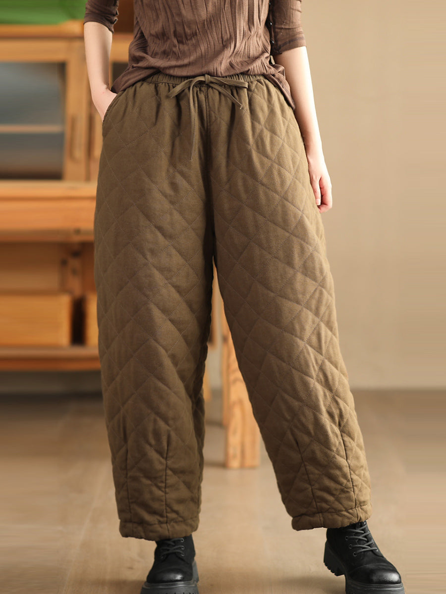 Women Winter Retro Rhomboid Padded Linen Harem Pants