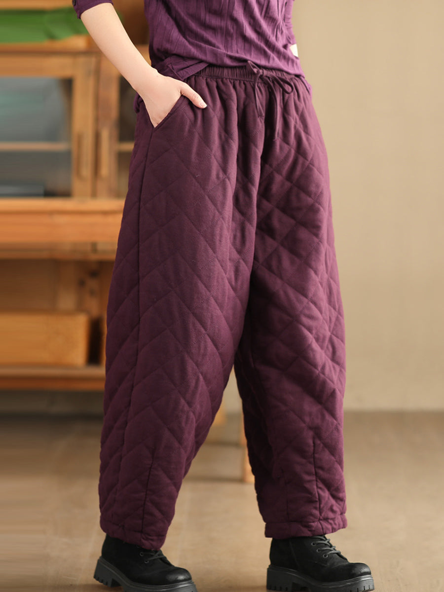 Women Winter Retro Rhomboid Padded Linen Harem Pants