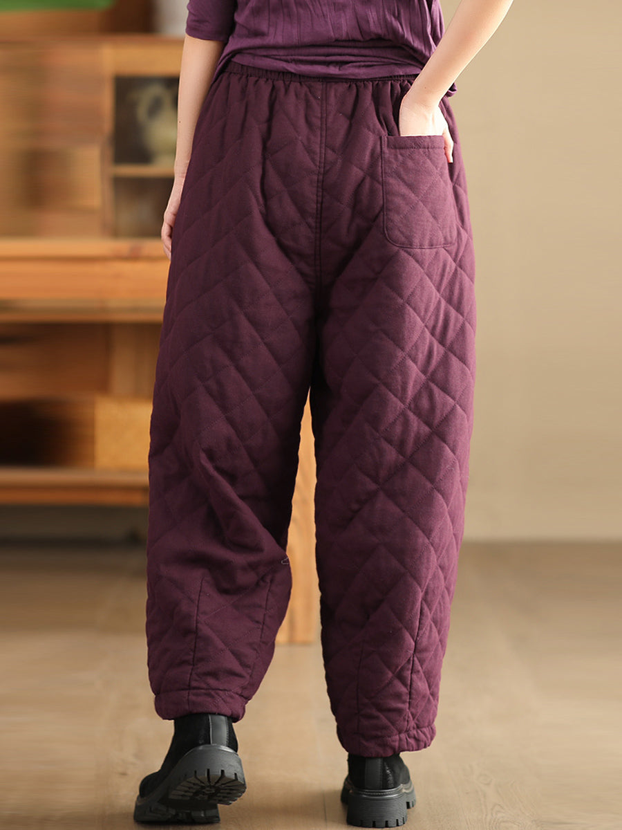 Women Winter Retro Rhomboid Padded Linen Harem Pants