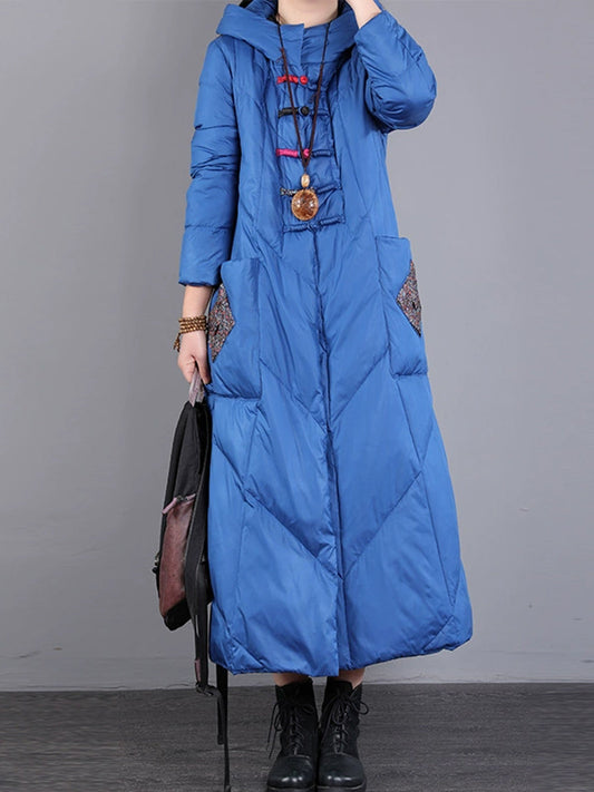 Women Winter Vintage Patch Hooded Long Down Coat