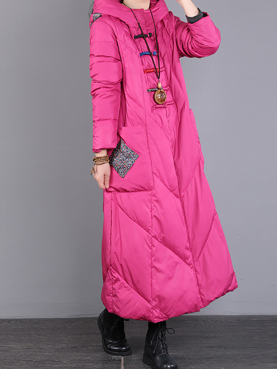 Women Winter Vintage Patch Hooded Long Down Coat