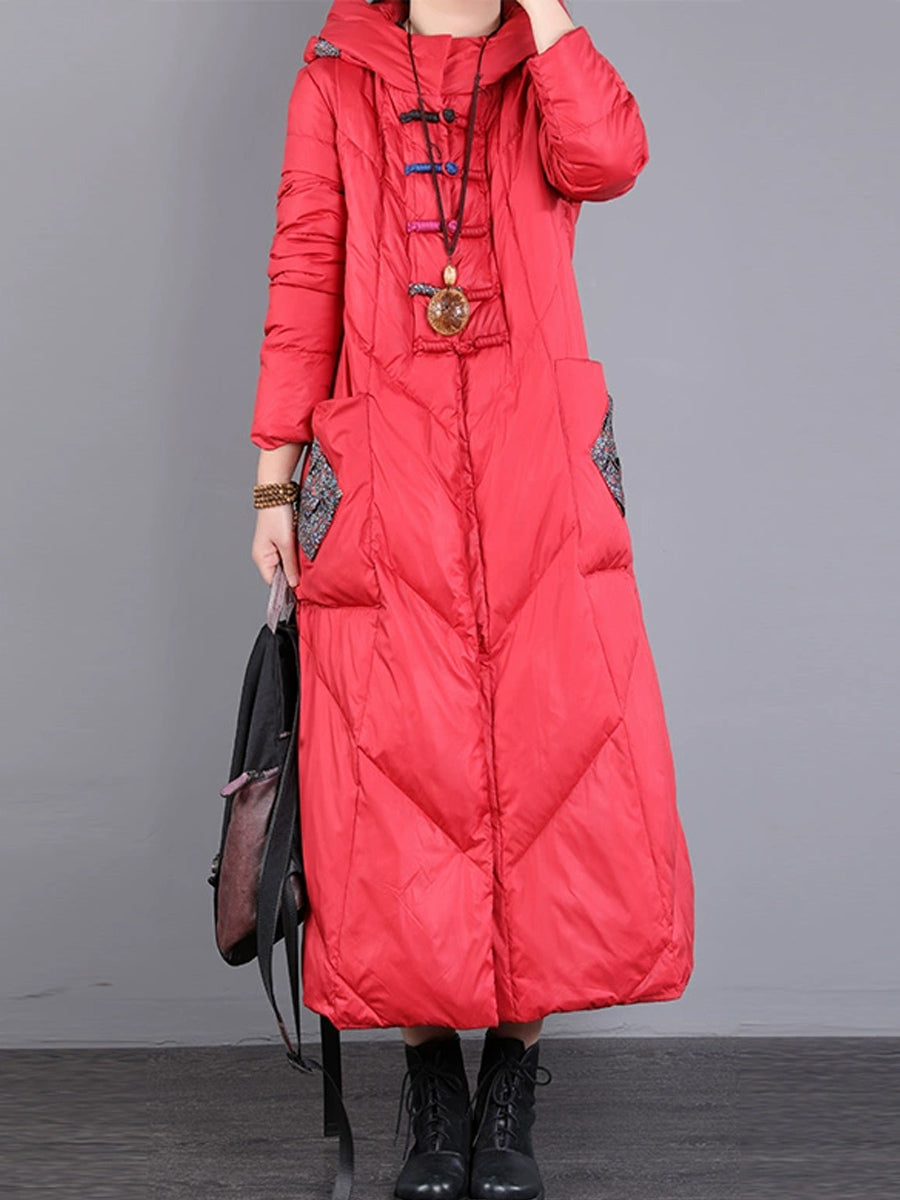 Women Winter Vintage Patch Hooded Long Down Coat