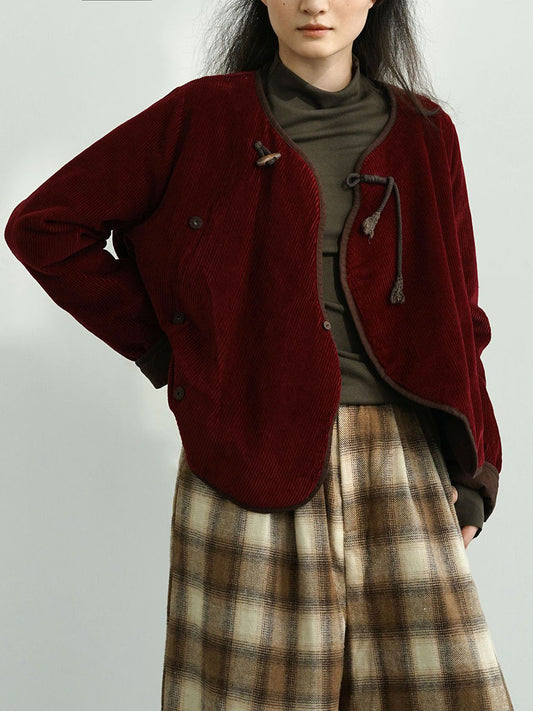 Women Vintage Autumn Solid Corduroy Padded Coat