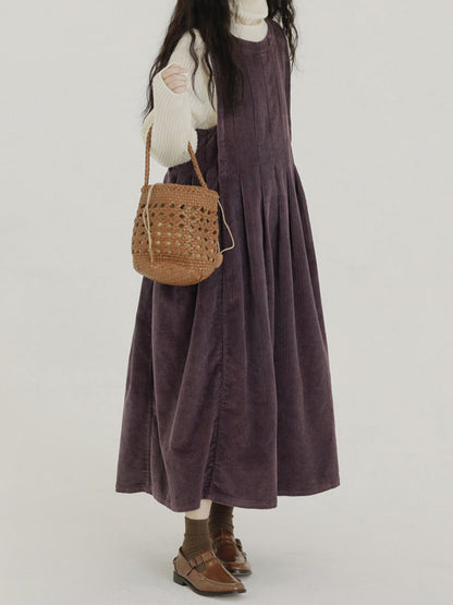 Women Autumn Casual Solid Corduroy Overall Dress