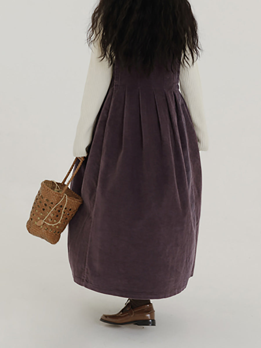 Women Autumn Casual Solid Corduroy Overall Dress