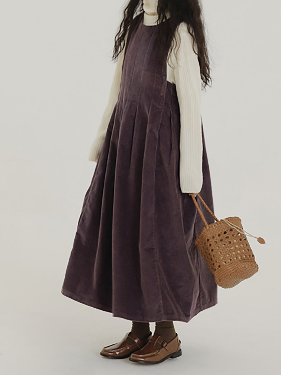 Women Autumn Casual Solid Corduroy Overall Dress