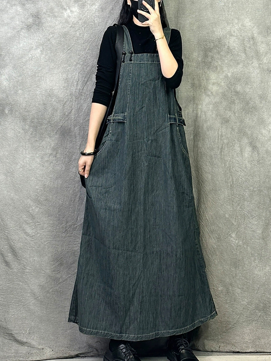 Women Autumn Casual Solid Loose Denim Overall Dress