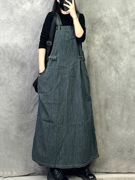 Women Autumn Casual Solid Loose Denim Overall Dress