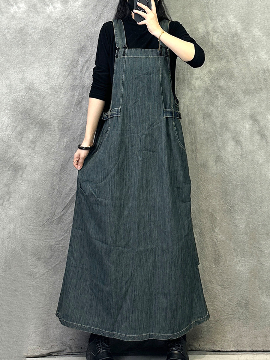 Women Autumn Casual Solid Loose Denim Overall Dress