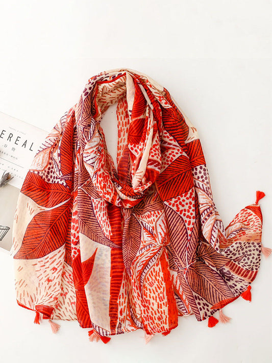 Women Artsy Autumn Leaf Print Tassel Shawl Scarf