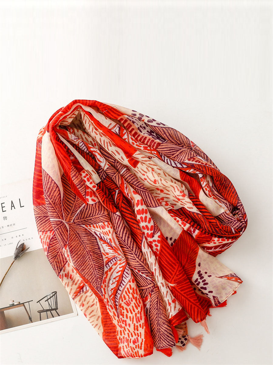 Women Artsy Autumn Leaf Print Tassel Shawl Scarf