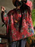 Women Vintage Autumn Flower Stand Collar Cotton Padded Coat