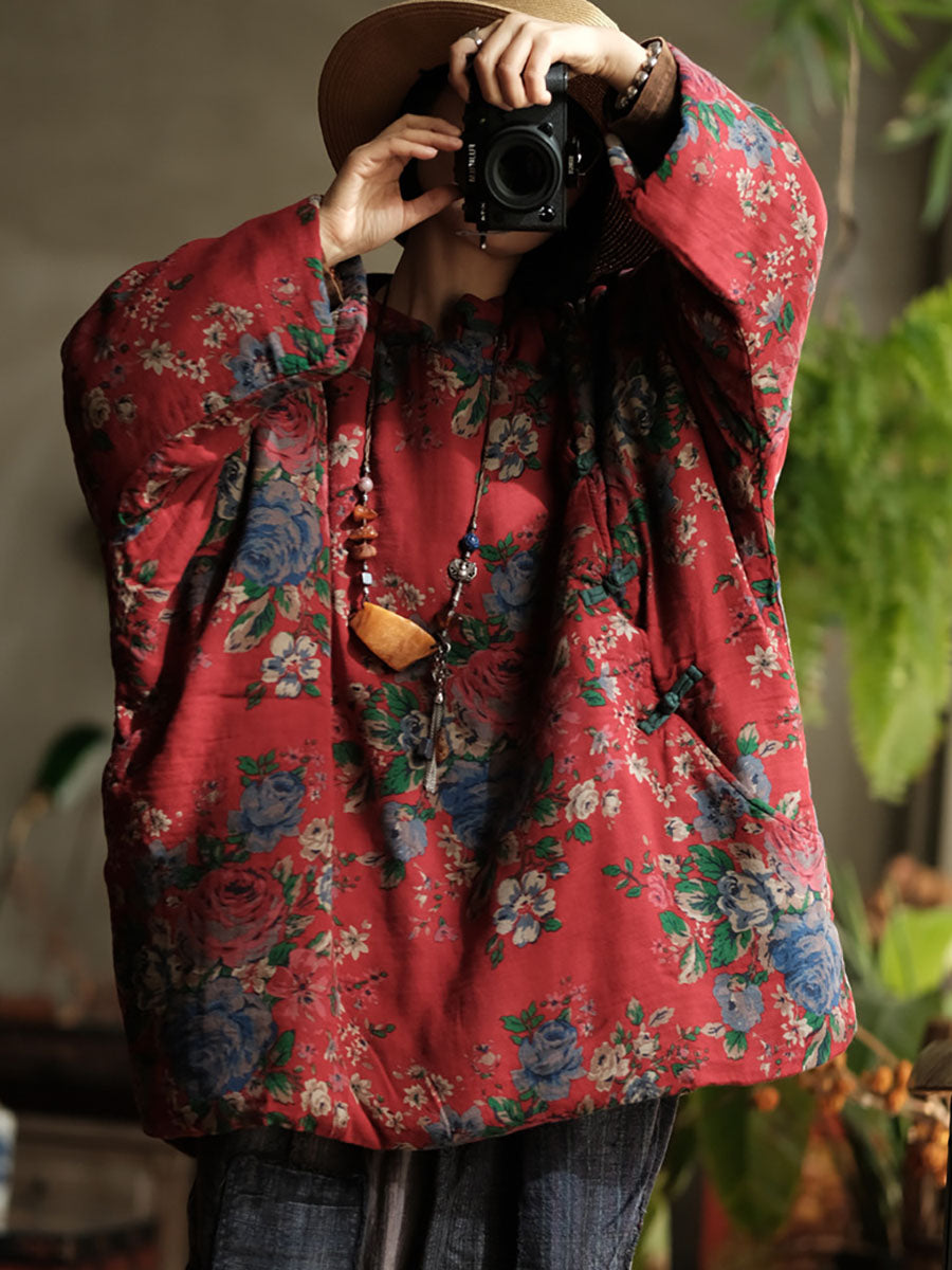 Women Vintage Autumn Flower Stand Collar Cotton Padded Coat