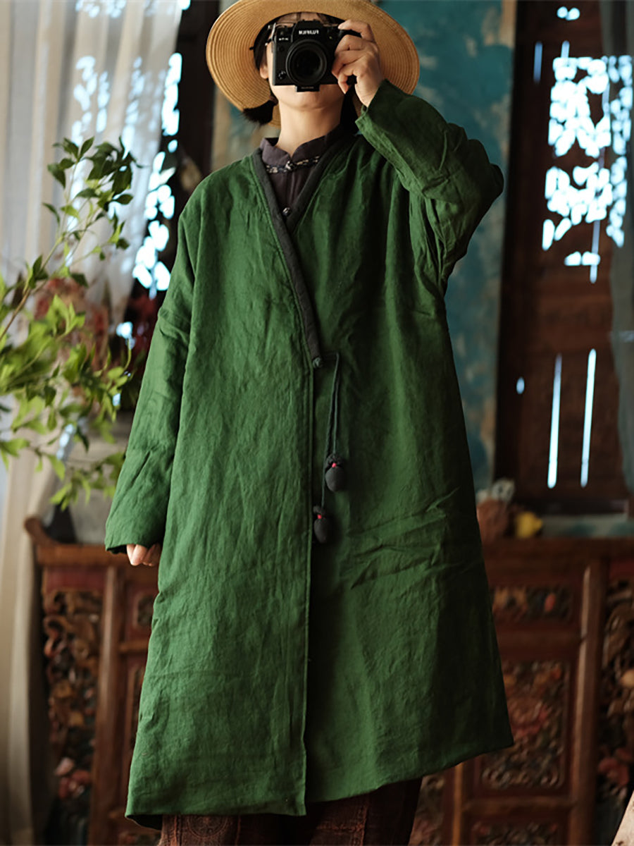 Women Vintage Autumn Solid V-Neck 100%Linen Coat