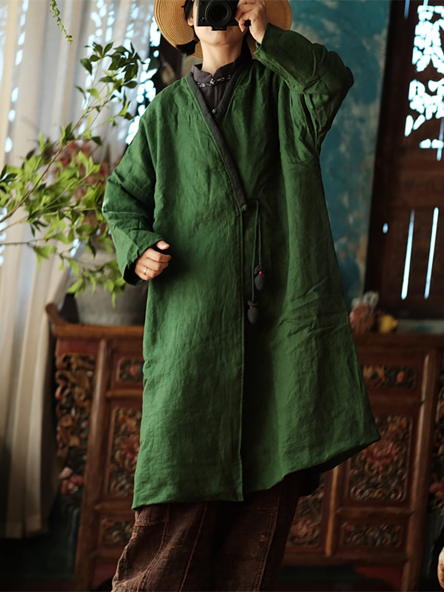 Women Vintage Autumn Solid V-Neck 100%Linen Coat